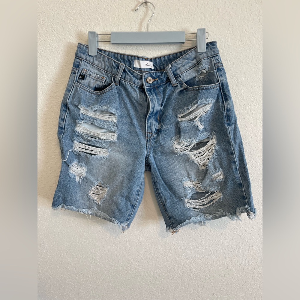 Distressed denim shorts